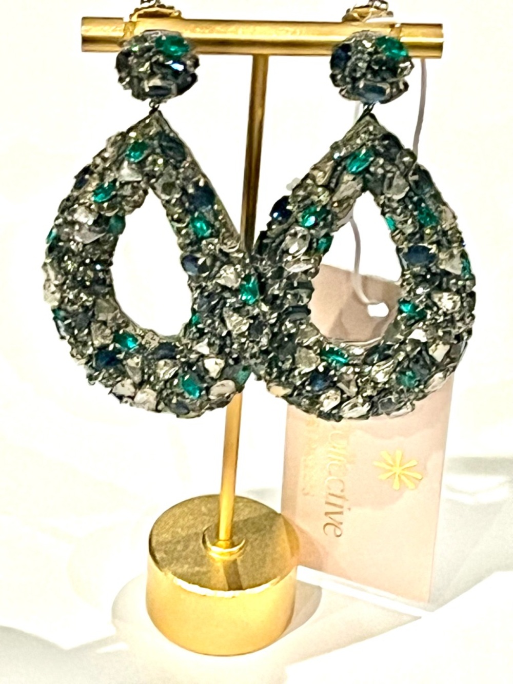 New Sparkling Teardrop Crystal Statement Earrings - Emerald and Silver